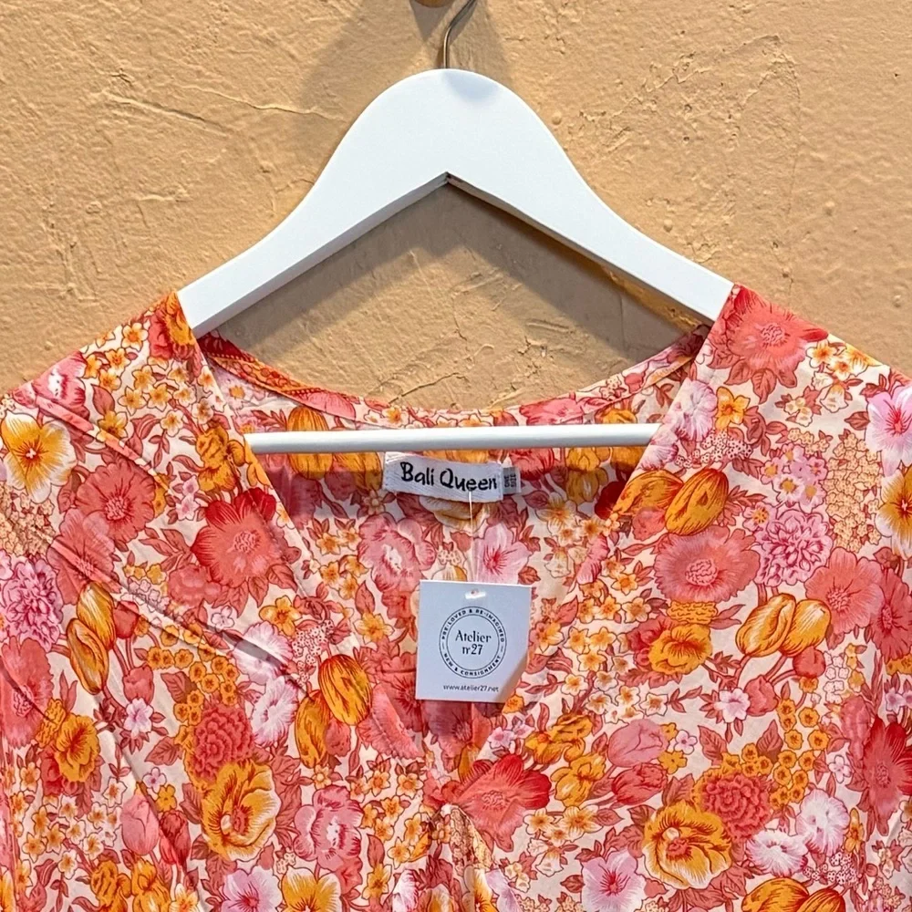 BALI QUEEN Floral Pink Orange Kaftan OS - Picture 7 of 7